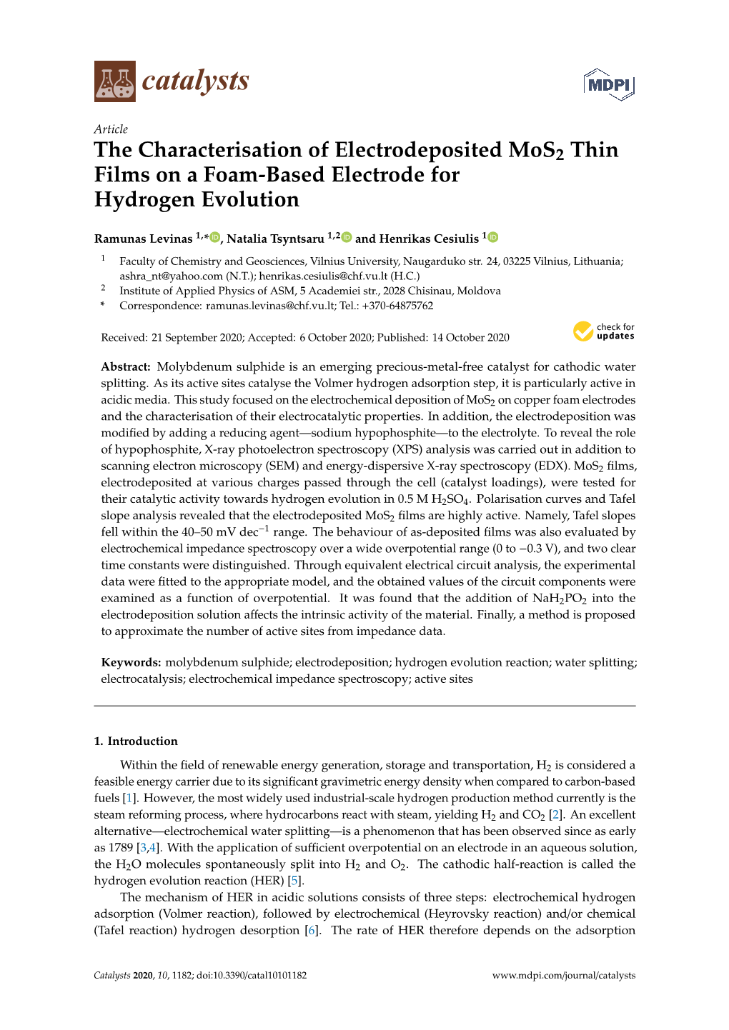 The Characterisation of Electrodeposited Mos2 Thin Films on a Foam-Based Electrode for Hydrogen Evolution