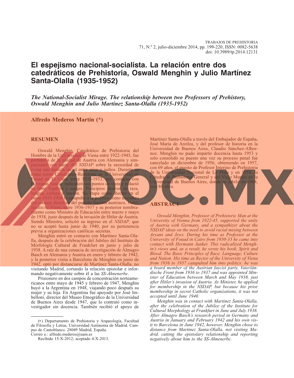 El Espejismo Nacional-Socialista. La Relación Entre Dos Catedráticos De Prehistoria, Oswald Menghin Y Julio Martínez Santa-Olalla (1935-1952)