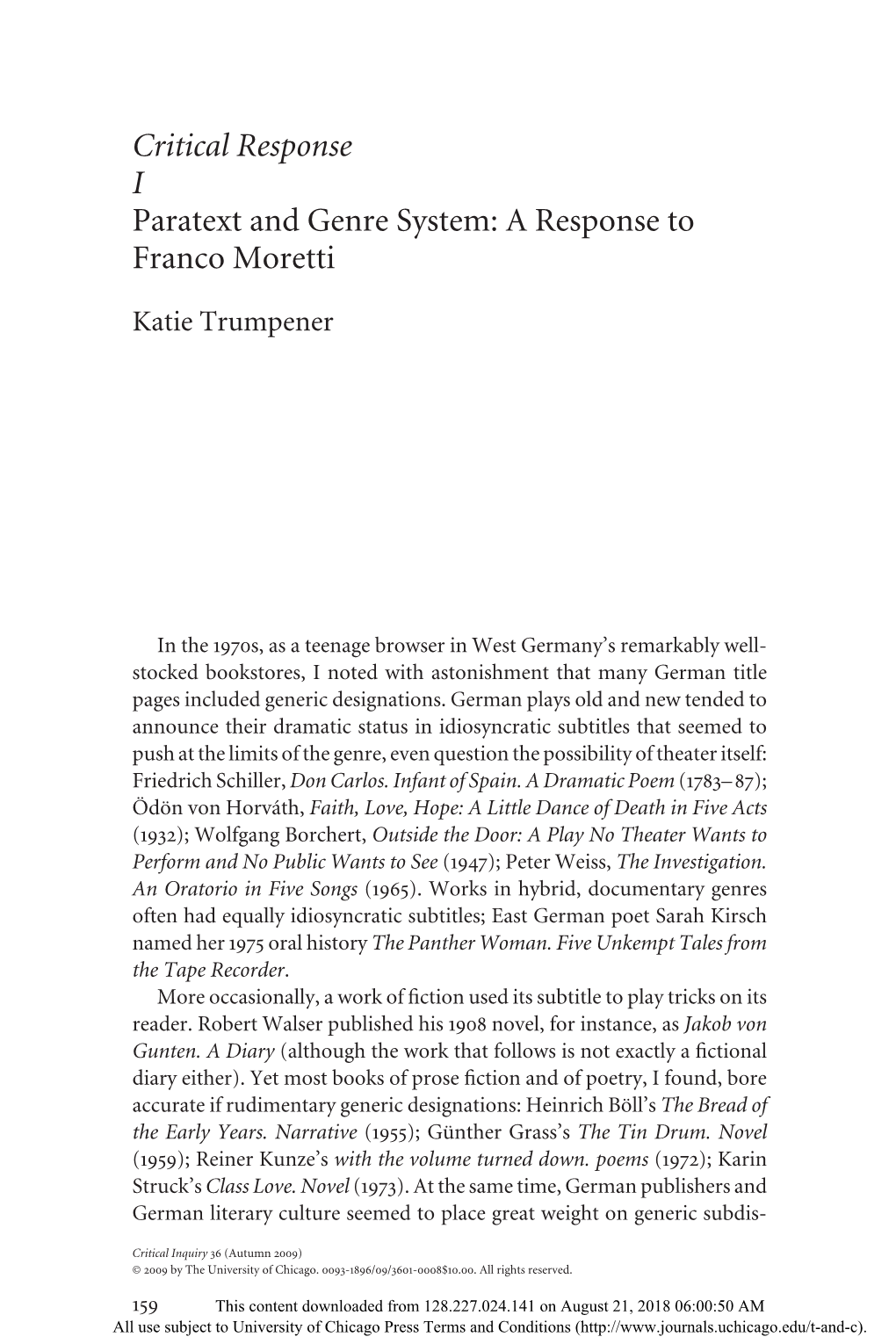 Critical Responsei. Paratext and Genre System: a Response to Franco Moretti