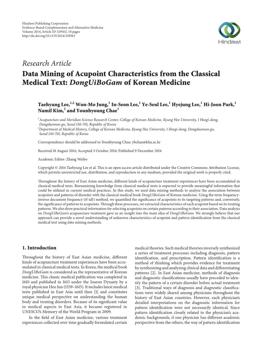 Research Article Data Mining of Acupoint Characteristics from the Classical Medical Text: Donguibogam of Korean Medicine