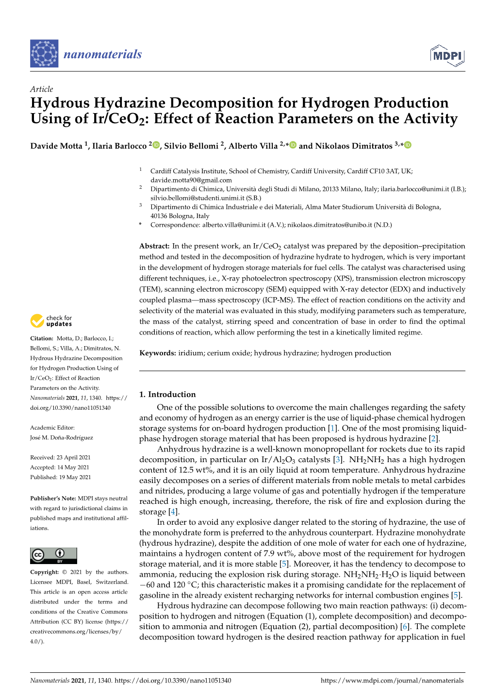 Hydrous Hydrazine Decomposition for Hydrogen Production Using of Ir/Ceo2: Effect of Reaction Parameters on the Activity