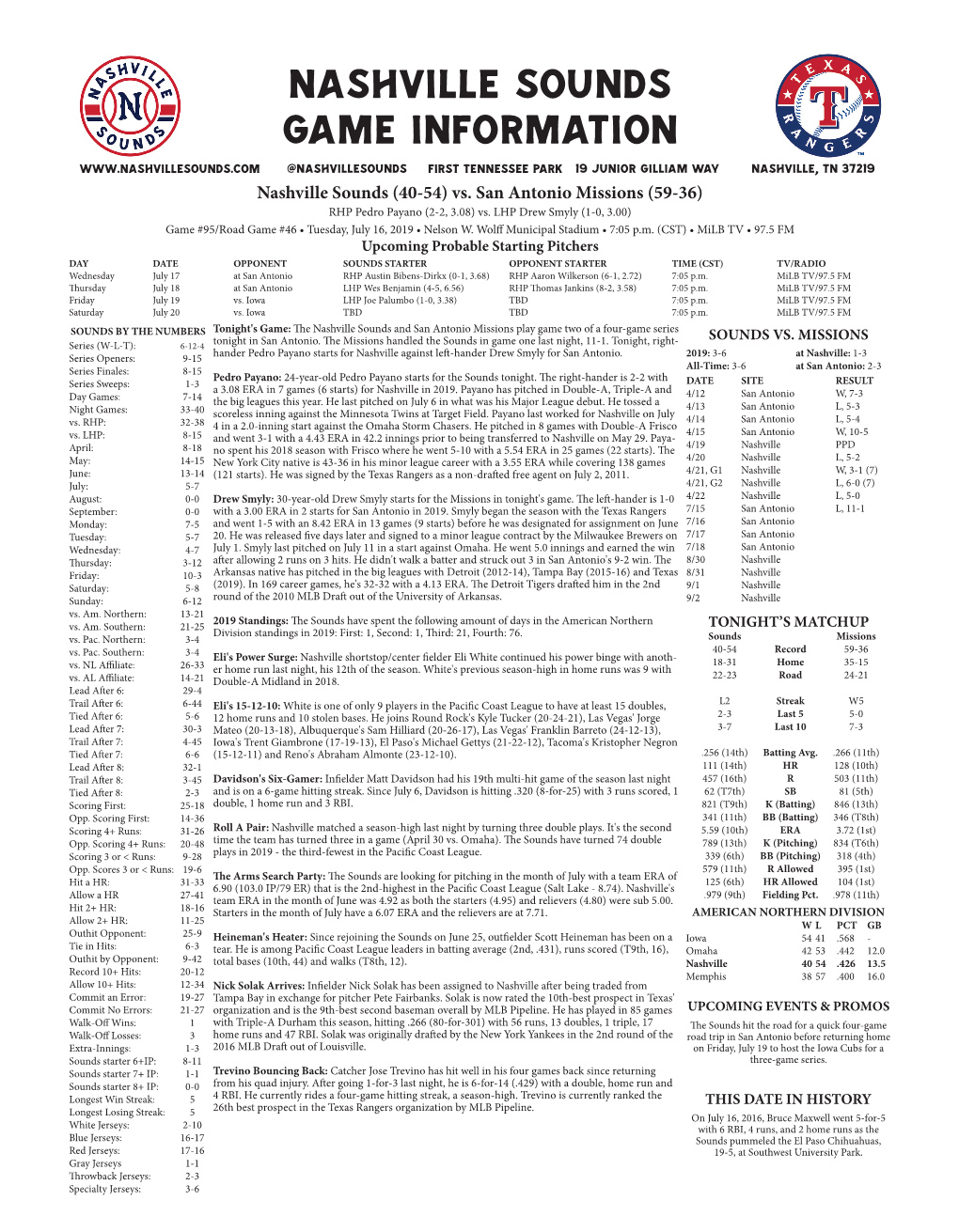 Nashville Sounds Game Information @Nashvillesounds First Tennessee Park 19 Junior Gilliam Way Nashville, TN 37219 Nashville Sounds (40-54) Vs