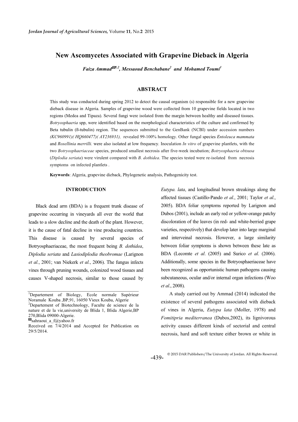 New Ascomycetes Associated with Grapevine Dieback in Algeria