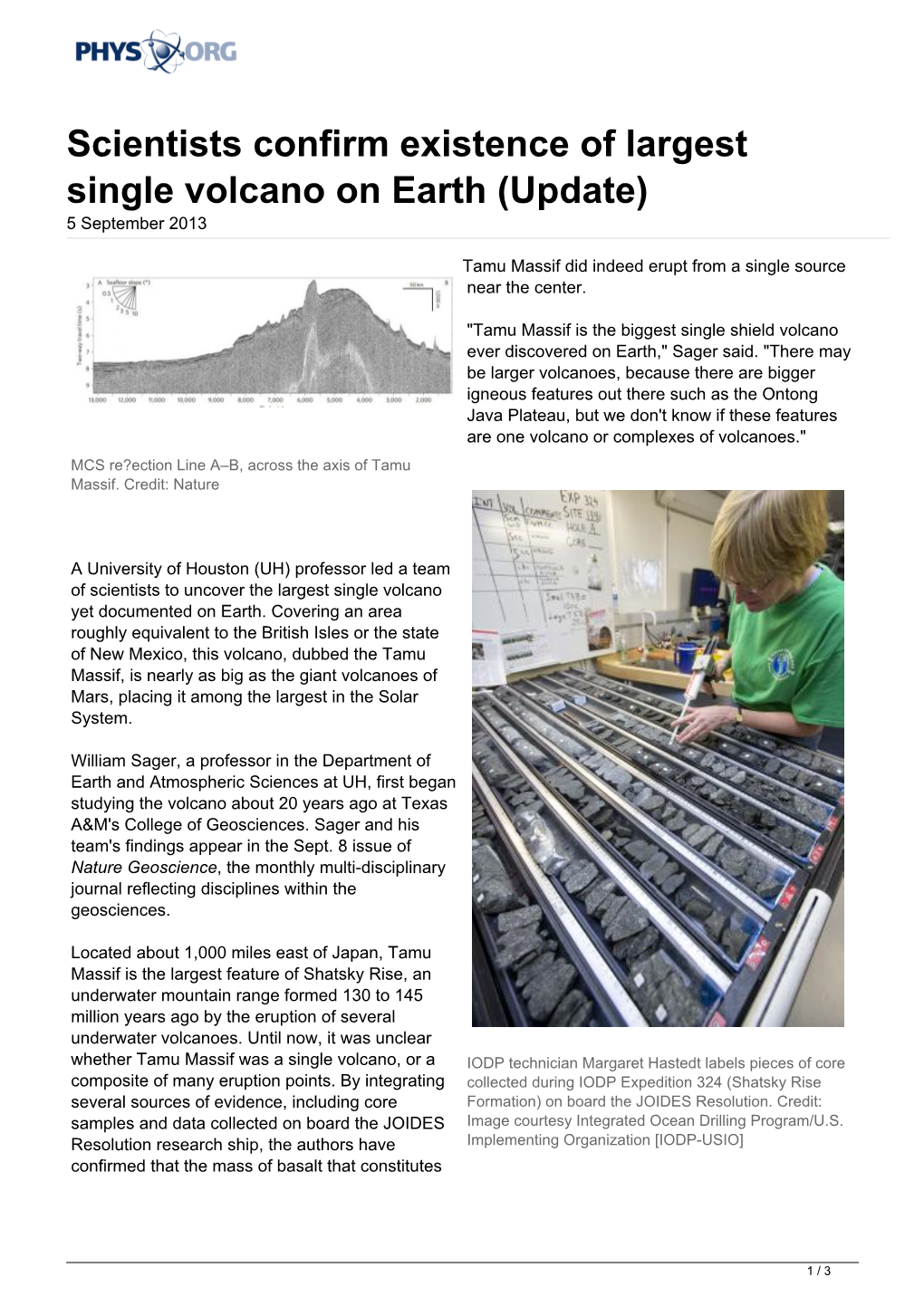 Scientists Confirm Existence of Largest Single Volcano on Earth (Update) 5 September 2013