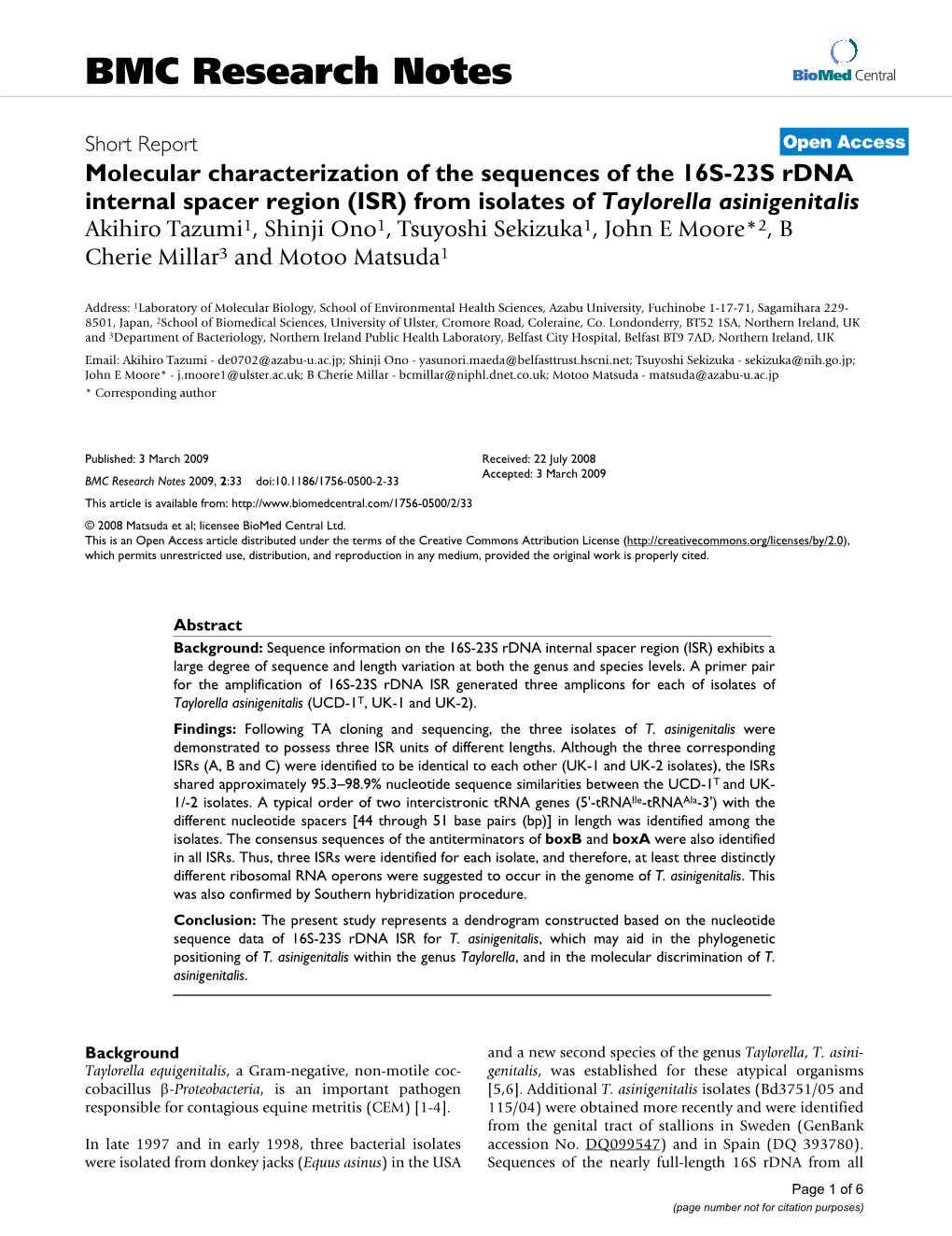 Molecular Characterization of the Sequences of the 16S-23S Rdna