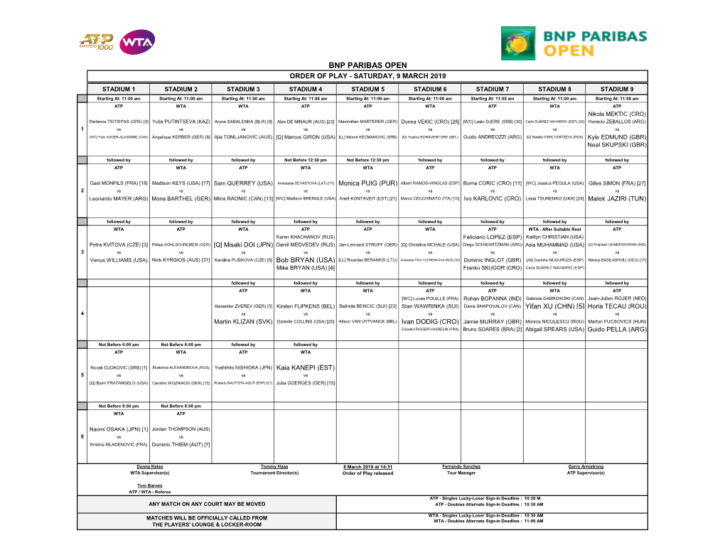 Bnp Paribas Open Order of Play - Saturday, 9 March 2019