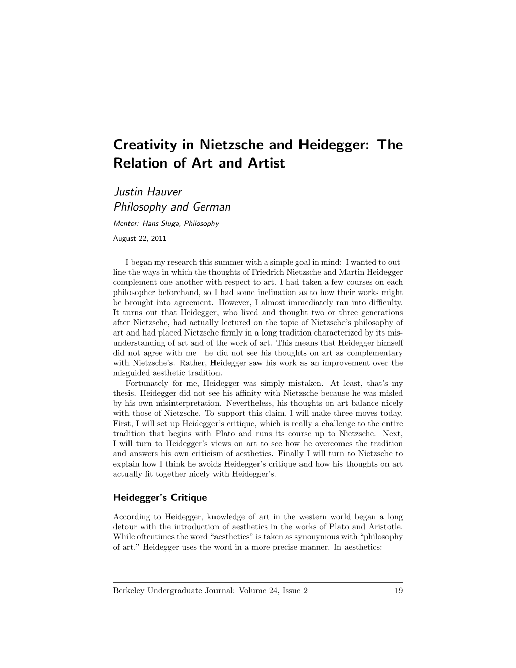 Creativity in Nietzsche and Heidegger: the Relation of Art and Artist