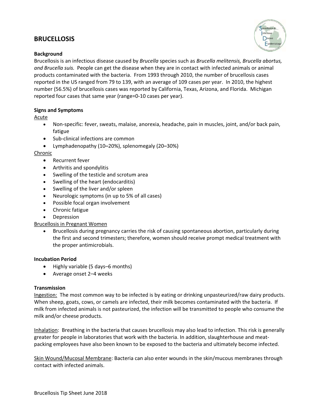 Brucellosis Tip Sheet June 2018