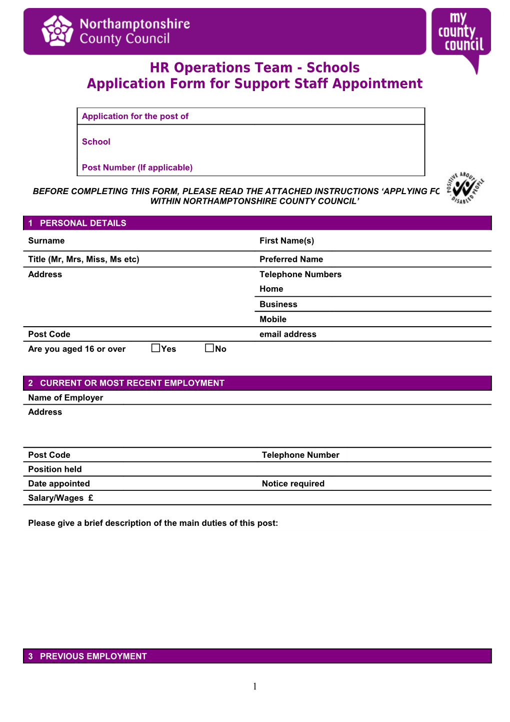 Application Form for Support Staff Appointment