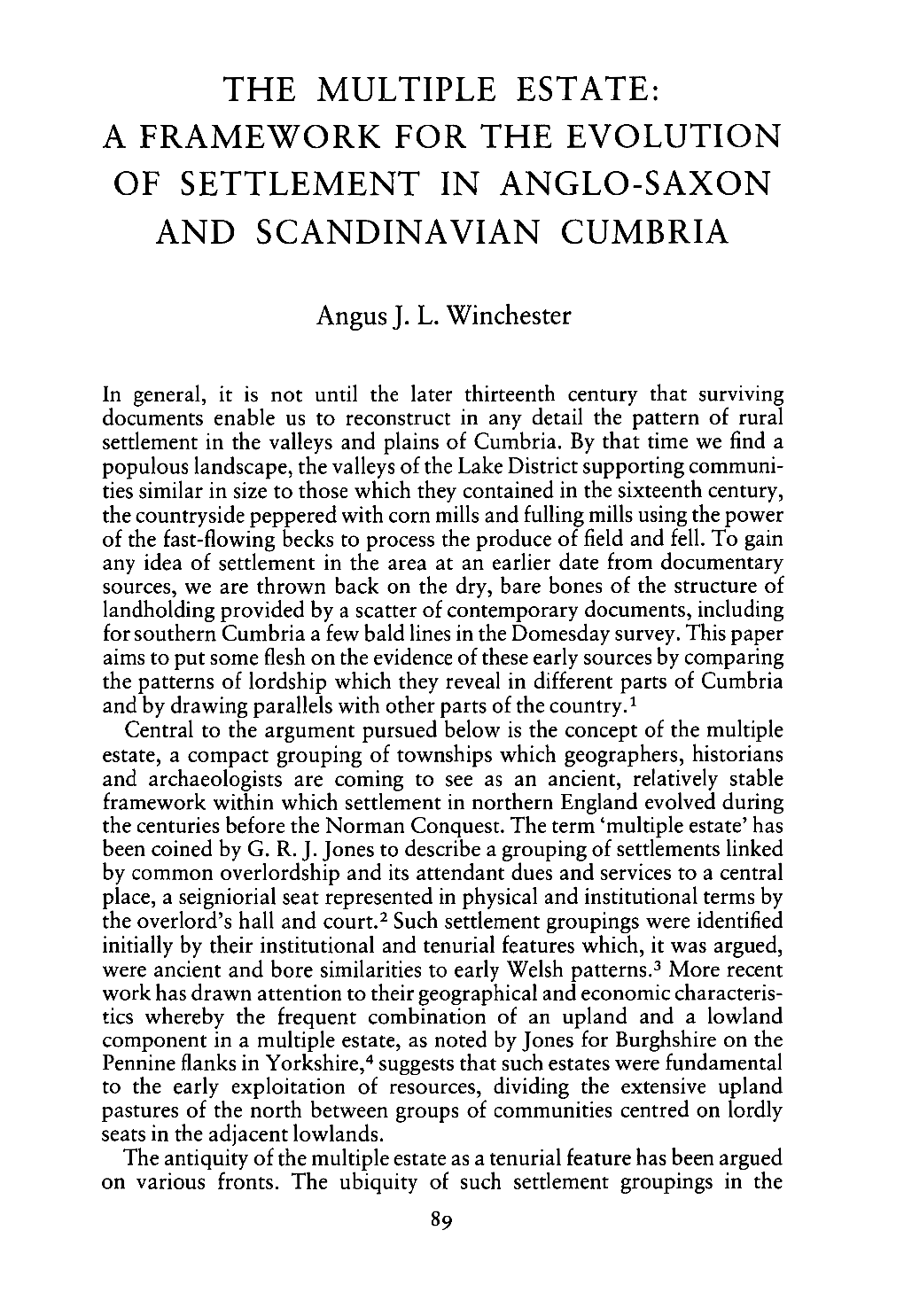 The Multiple Estate: a Framework for the Evolution of Settlement in Anglo-Saxon and Scandinavian Cumbria