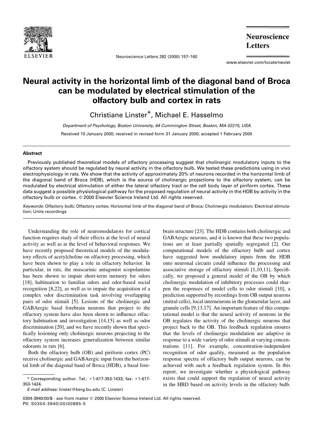 Neural Activity in the Horizontal Limb of the Diagonal Band of Broca Can Be Modulated by Electrical Stimulation of the Olfactory Bulb and Cortex in Rats