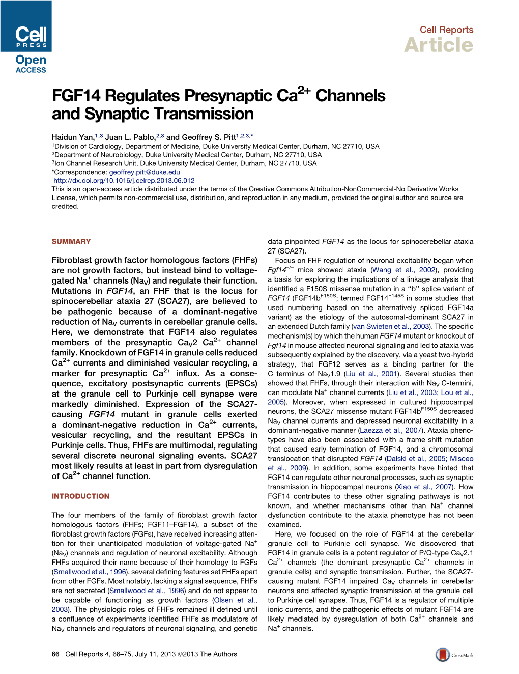 FGF14 Regulates Presynaptic Ca2+ Channels and Synaptic Transmission