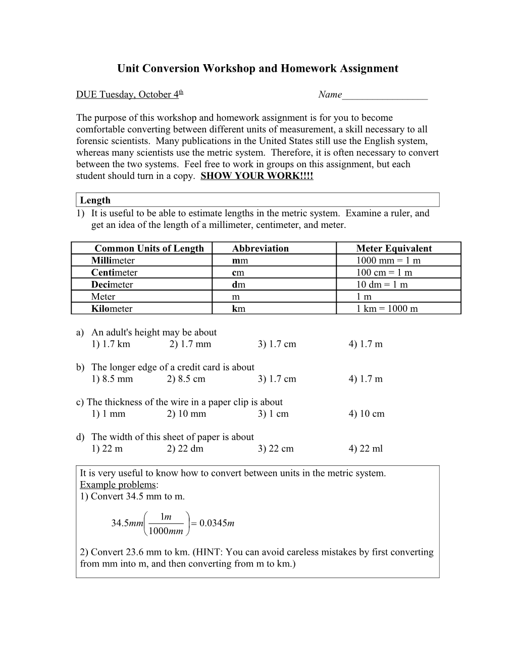 Unit Conversion Homework