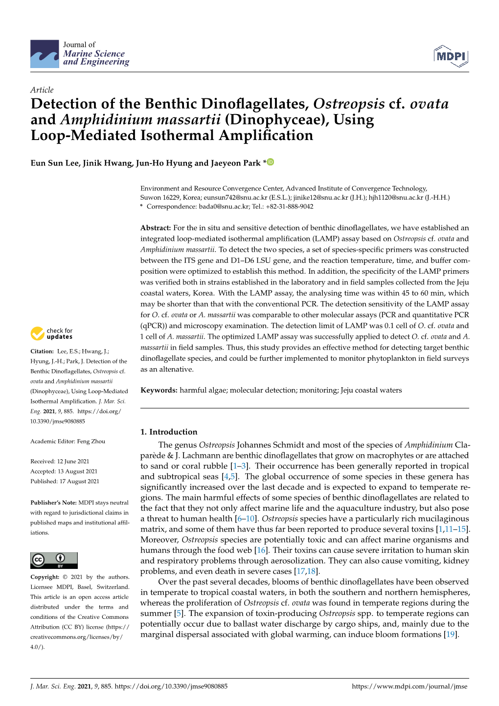 Detection of the Benthic Dinoflagellates, Ostreopsis Cf. Ovata