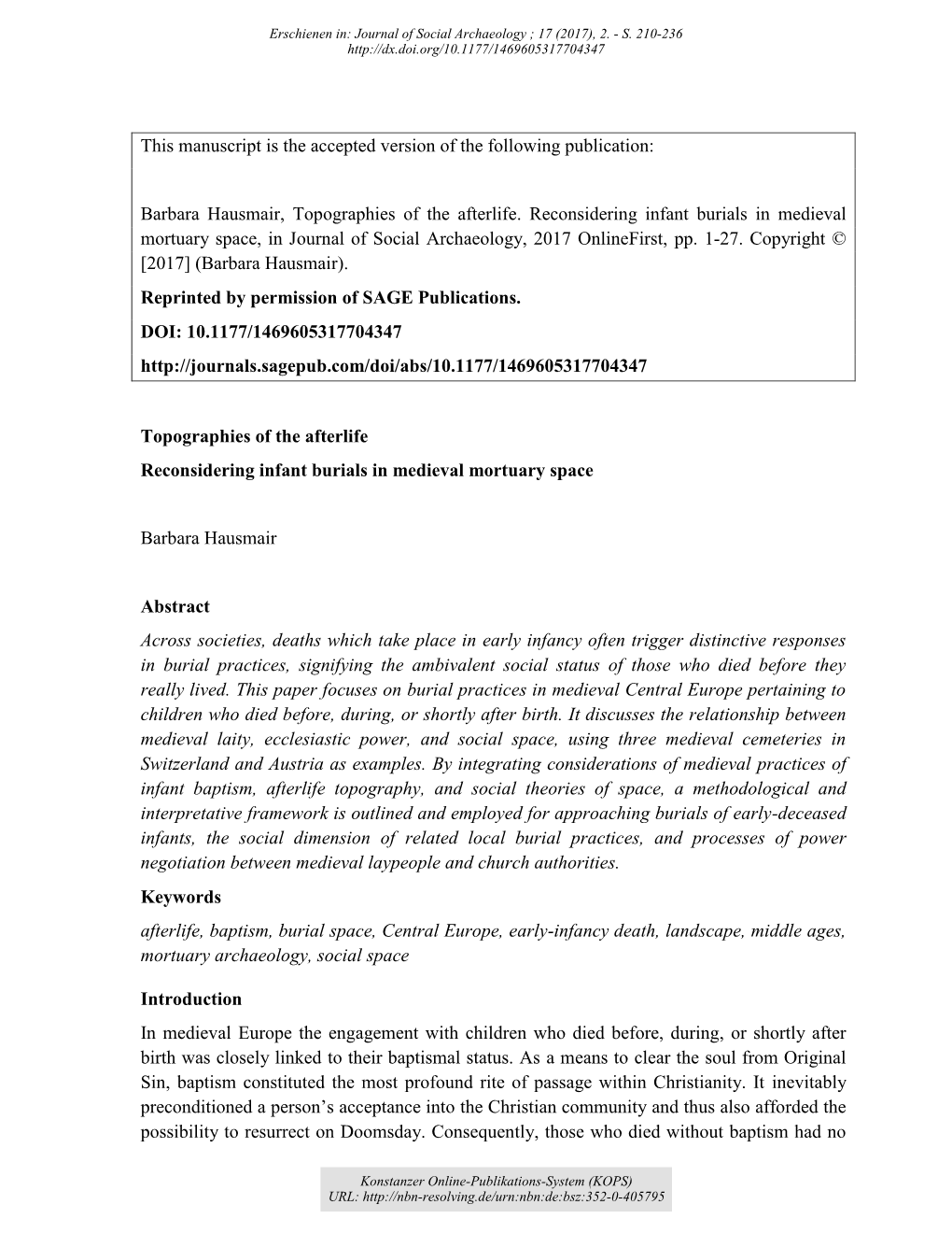 Topographies of the Afterlife: Reconsidering Infant Burials in Medieval Mortuary Space