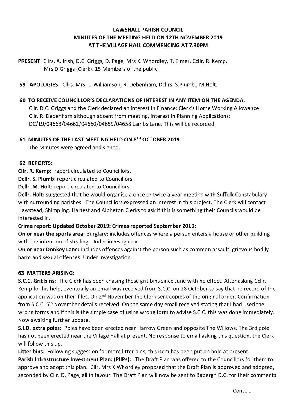 Lawshall Parish Council Minutes of the Meeting Held on 12Th November 2019 at the Village Hall Commencing at 7.30Pm