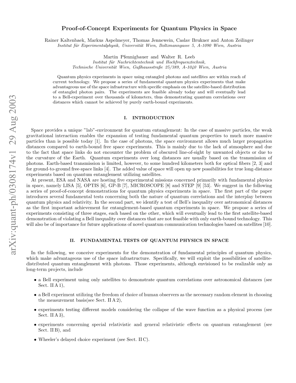 Proof-Of-Concept Experiments for Quantum Physics in Space