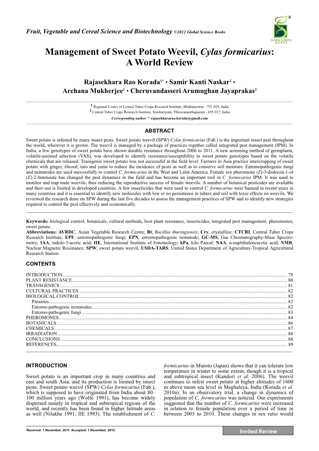 Management of Sweet Potato Weevil, Cylas Formicarius: a World Review