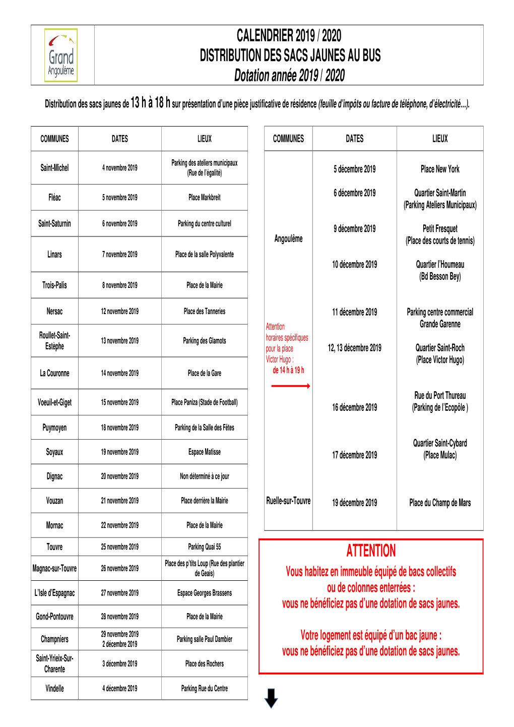 Calendrier Distribution De Sacs Jaunes Au Bus 2019/2020