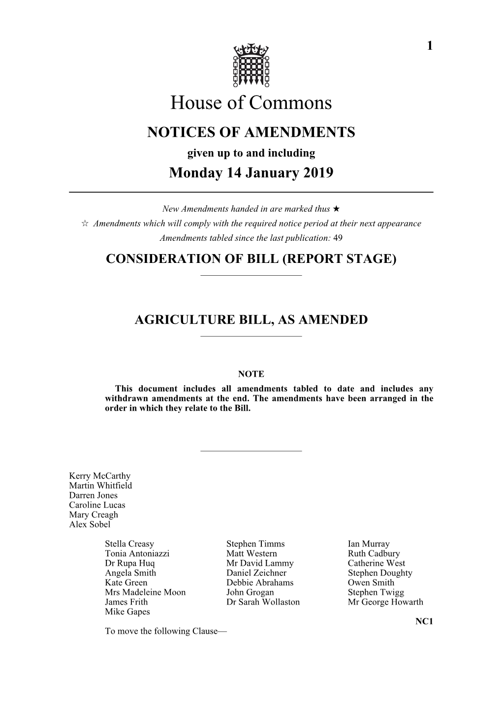 AMENDMENTS Given up to and Including Monday 14 January 2019