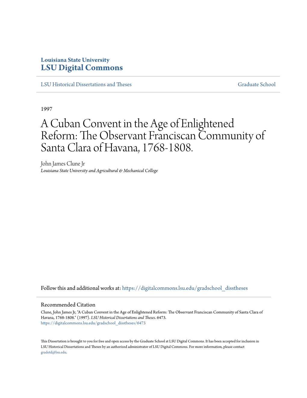 A Cuban Convent in the Age of Enlightened Reform: the Observant Franciscan Community of Santa Clara of Havana, 1768-1808