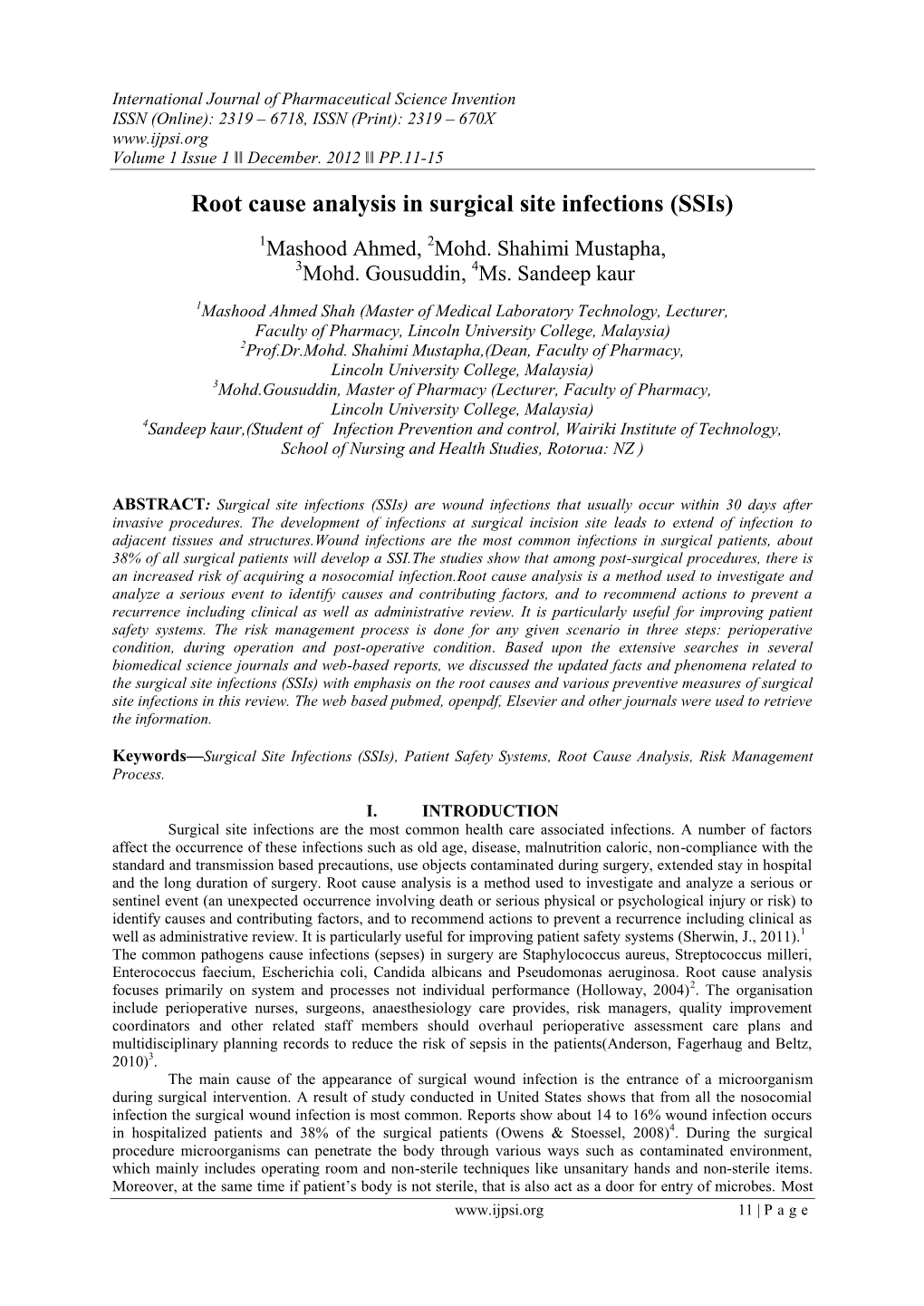 Root Cause Analysis in Surgical Site Infections (Ssis) 1Mashood Ahmed, 2Mohd