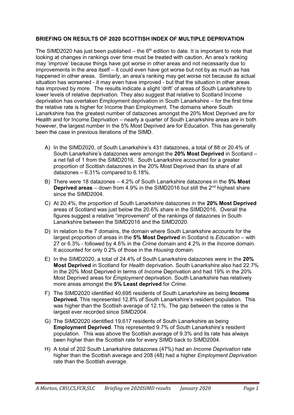 Briefing on Results of 2020 Scottish Index of Multiple Deprivation