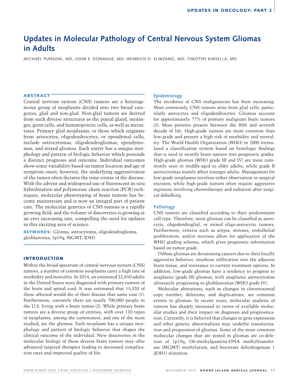 Updates in Molecular Pathology of Central Nervous System Gliomas in Adults