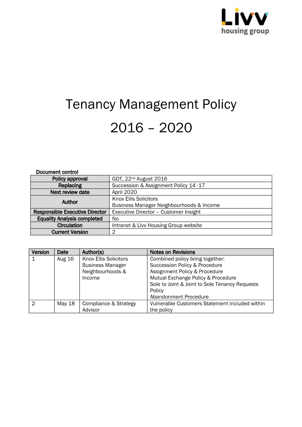 Tenancy Management Policy 2016 – 2020
