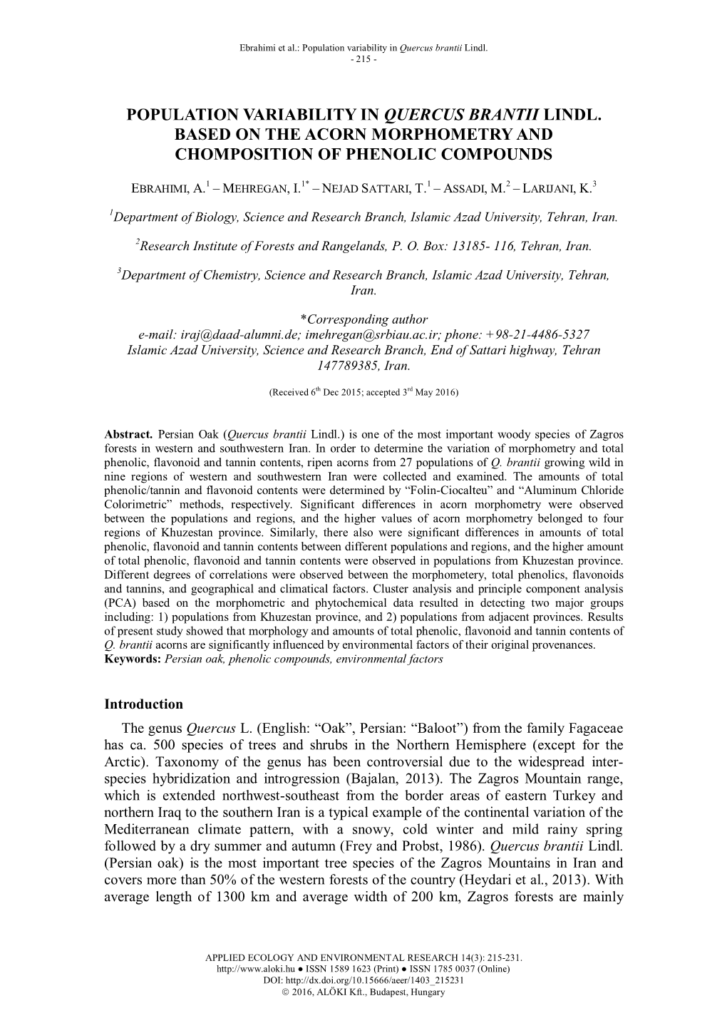 Population Variability in Quercus Brantii Lindl