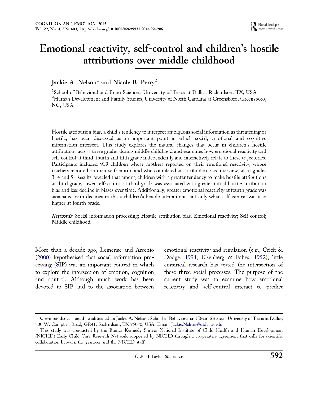 Emotional Reactivity, Self-Control and Children's Hostile Attributions Over