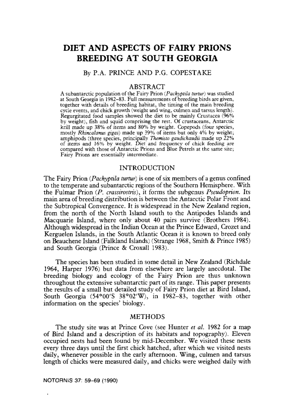 DIET and ASPECTS of FAIRY PRIONS BREEDING at SOUTH GEORGIA by P.A