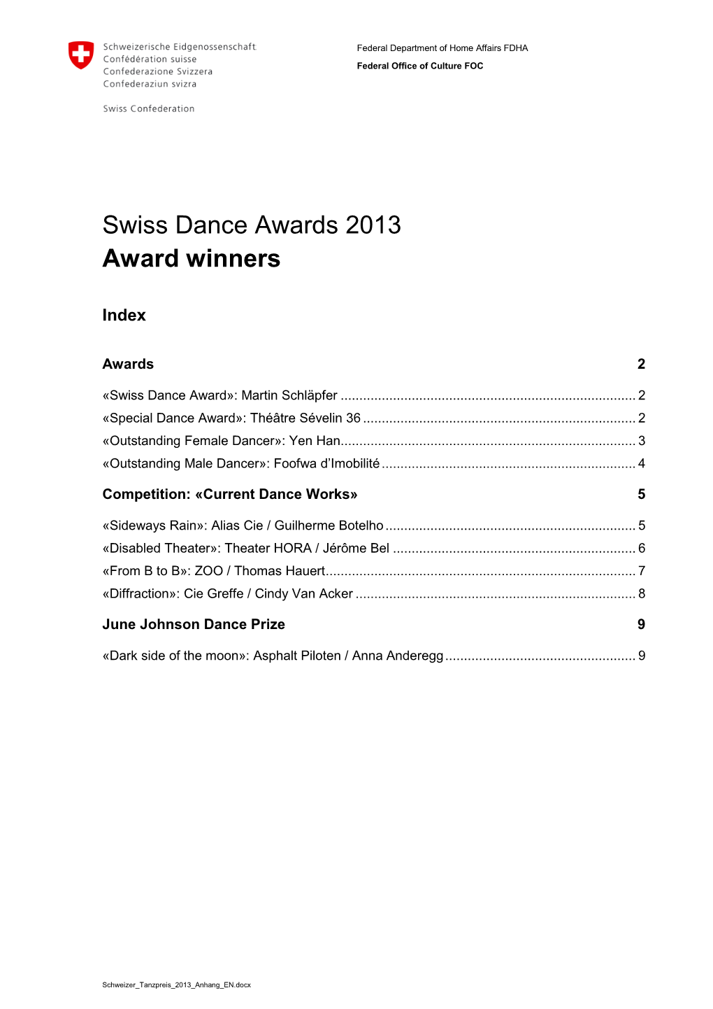 Swiss Dance Awards 2013 Award Winners