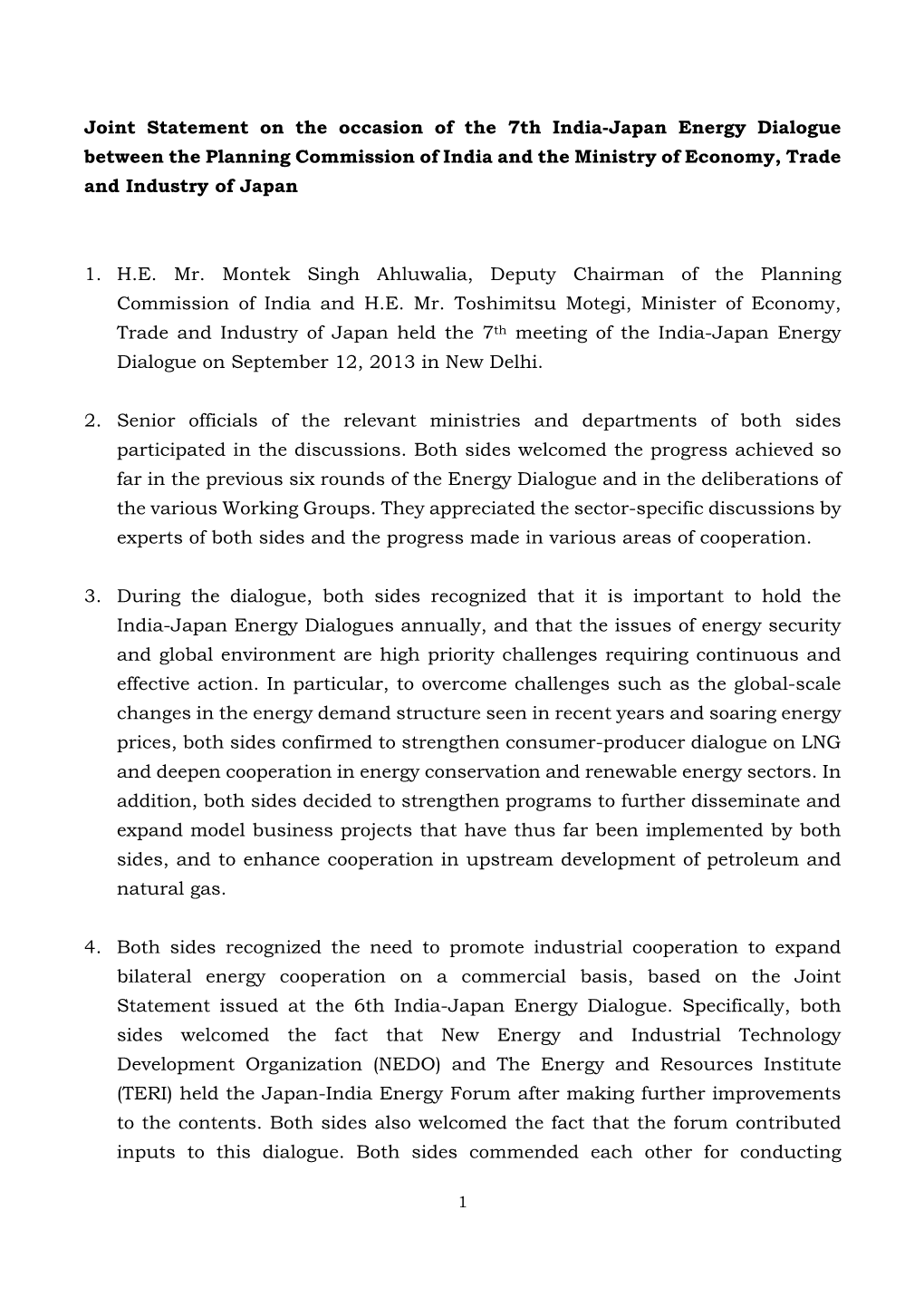 Joint Statement on the Occasion of the 7Th India-Japan Energy Dialogue