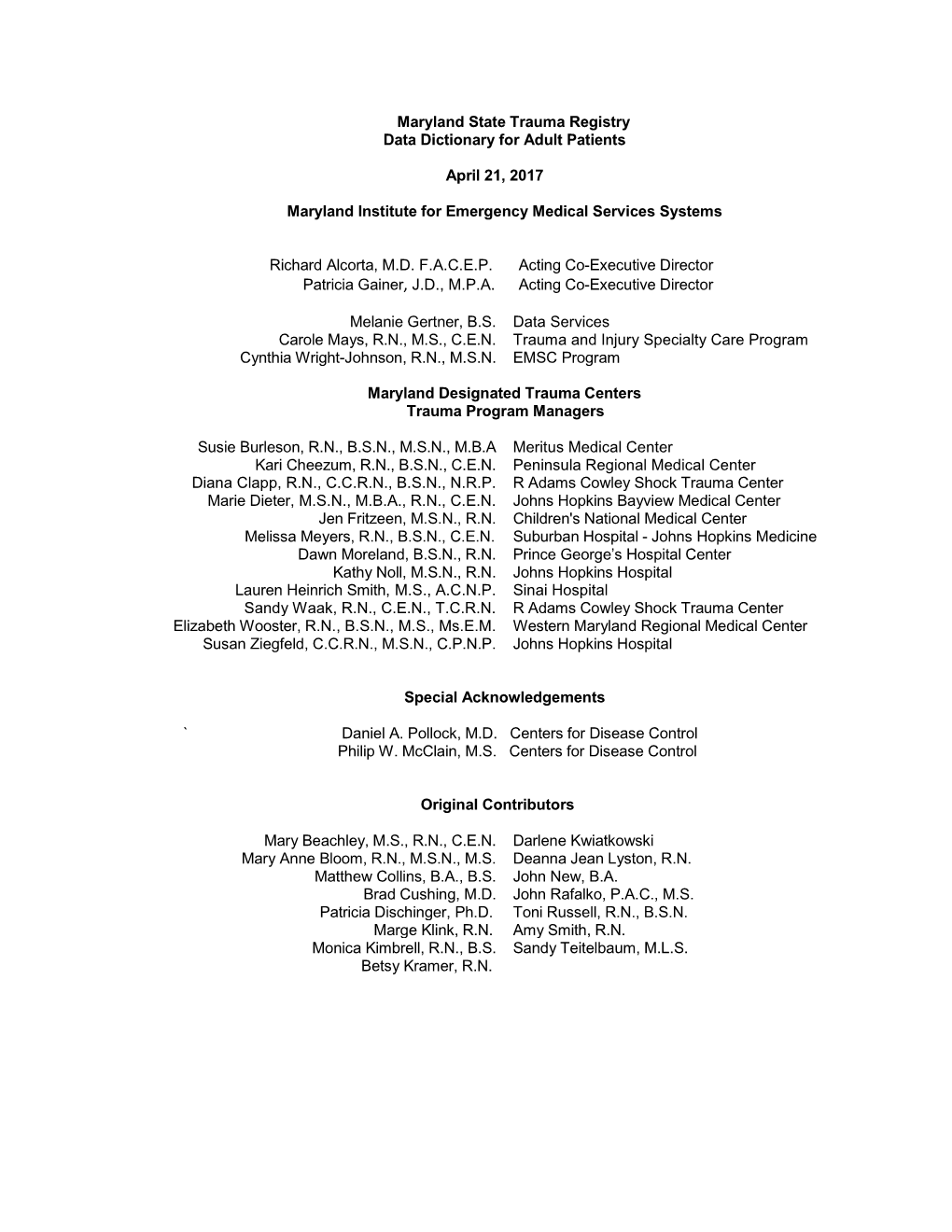 Maryland State Trauma Registry Data Dictionary for Adult Patients April 21