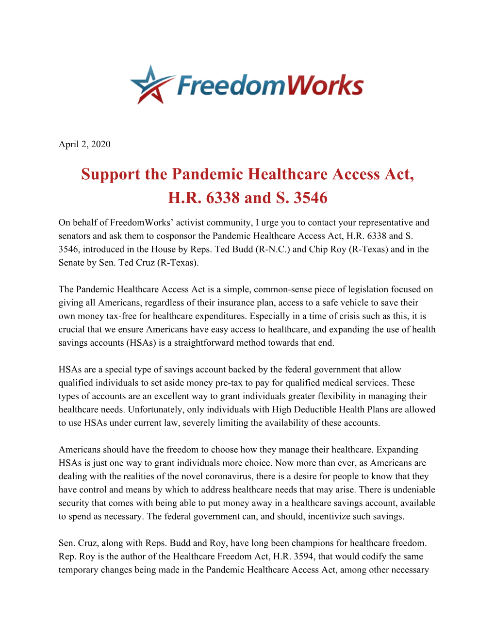 Support the Pandemic Healthcare Access Act, H.R. 6338 and S. 3546