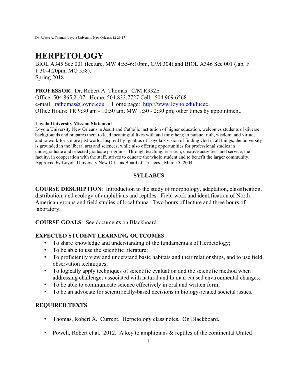 Herpetology Syllabus Spring 2018 1-2-18