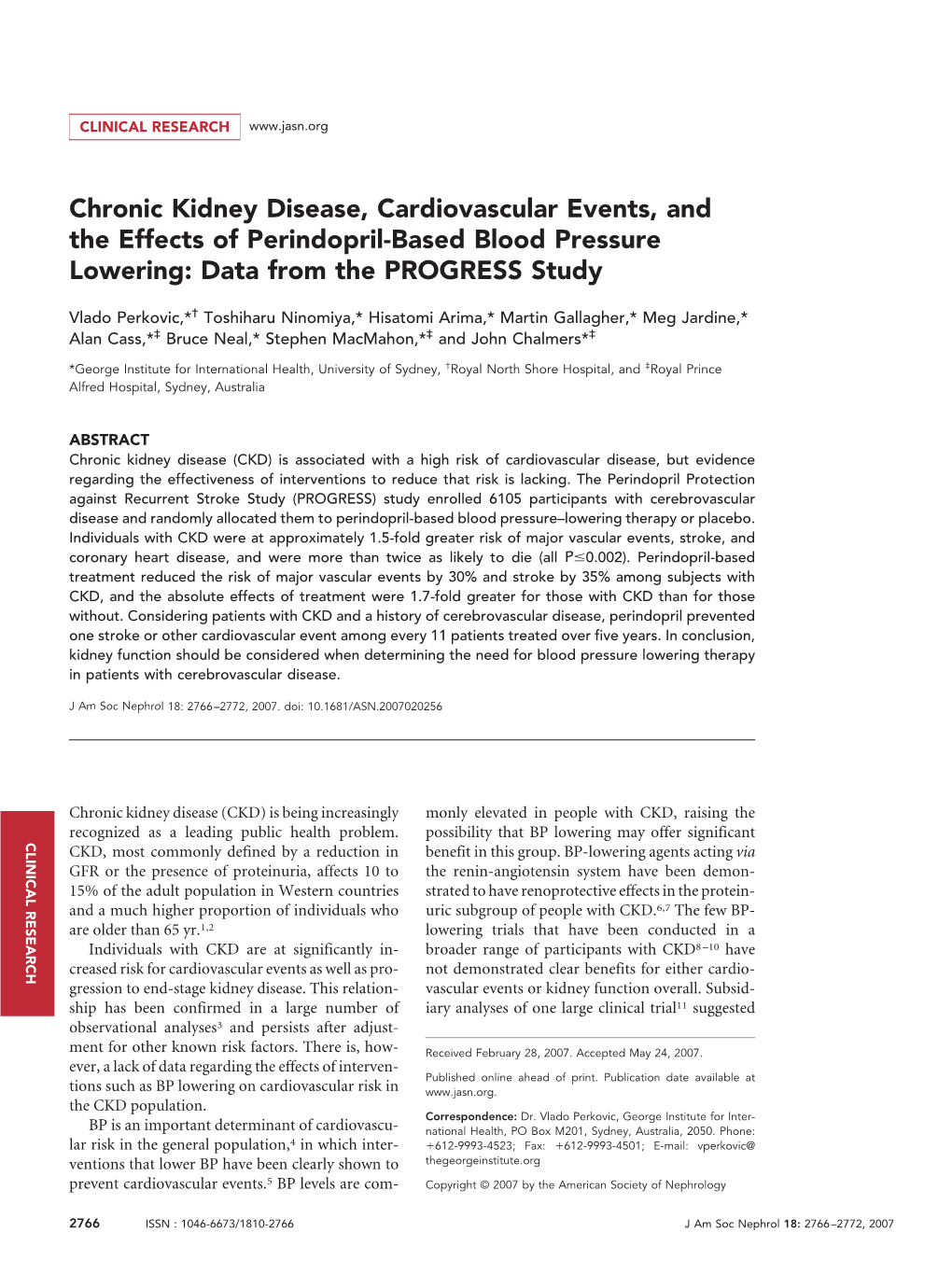 Chronic Kidney Disease, Cardiovascular Events, and the Effects of Perindopril-Based Blood Pressure Lowering: Data from the PROGRESS Study