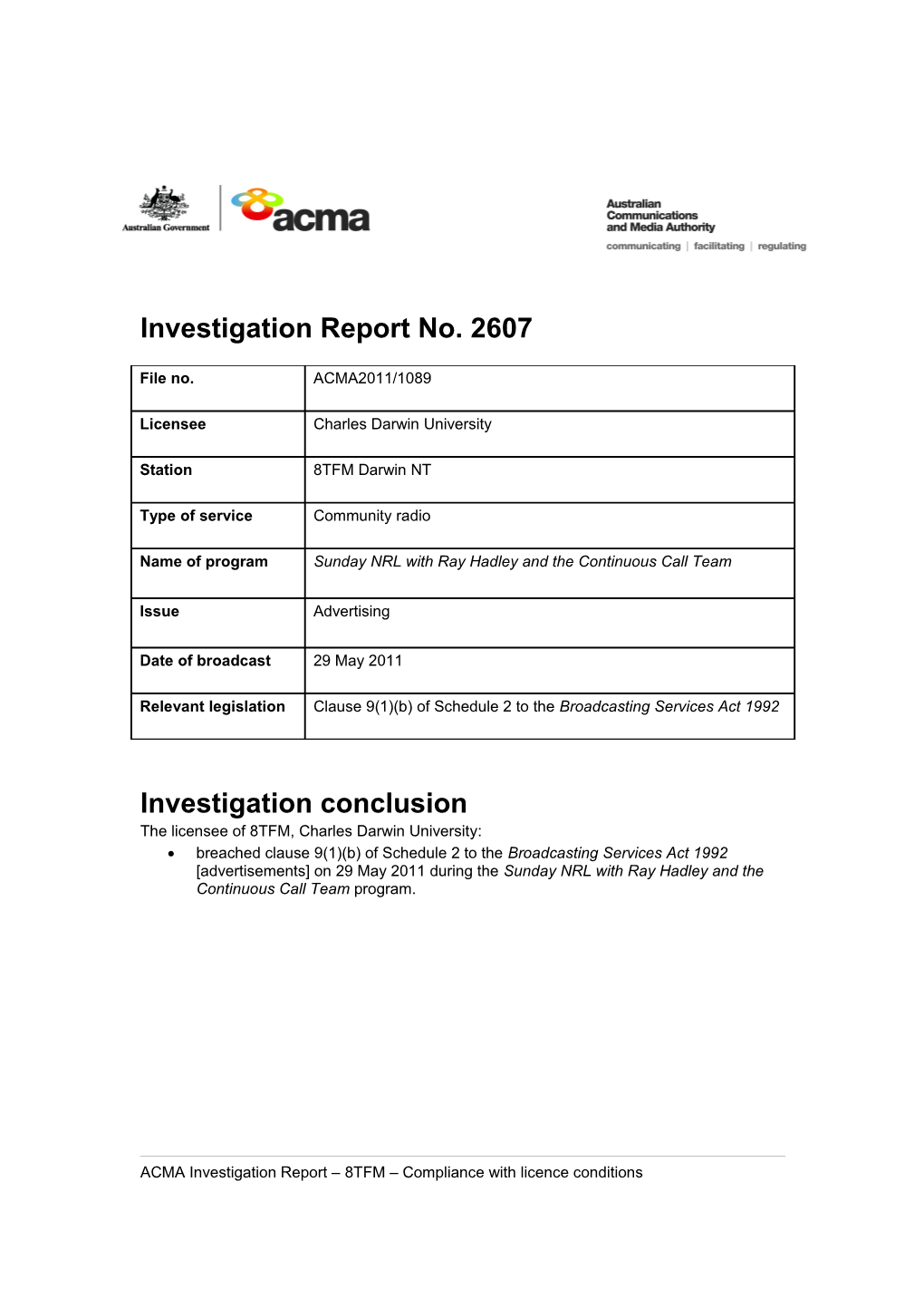 8TFM - ACMA Investigation Report 2607