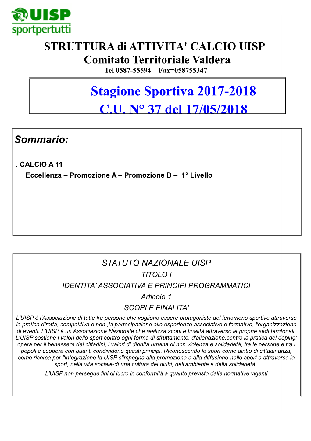 Stagione Sportiva 2017-2018 C.U. N° 37 Del 17/05/2018