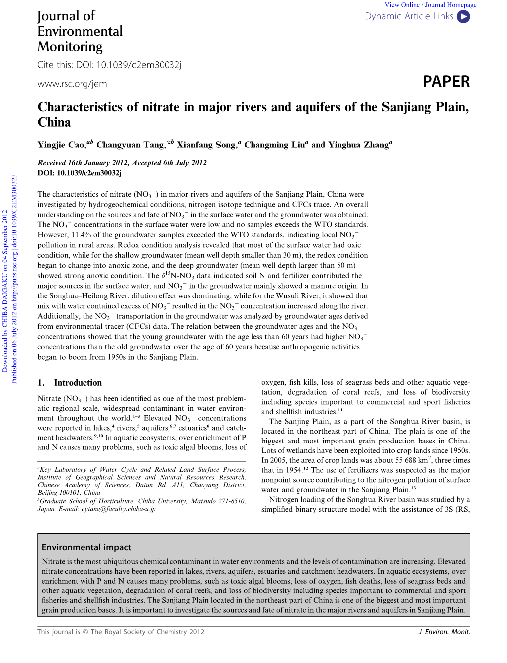 Characteristics of Nitrate in Major Rivers and Aquifers of the Sanjiang Plain, China