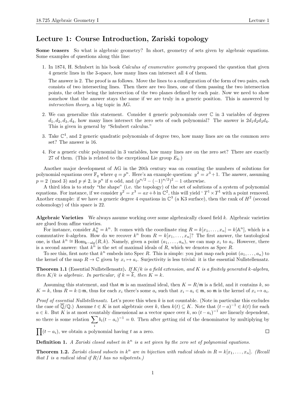 Lecture 1 Course Introduction, Zariski Topology