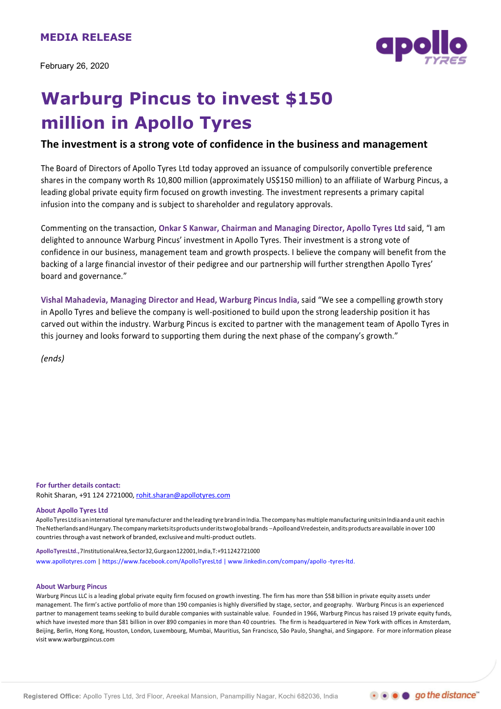 Warburg Pincus to Invest $150 Million in Apollo Tyres the Investment Is a Strong Vote of Confidence in the Business and Management