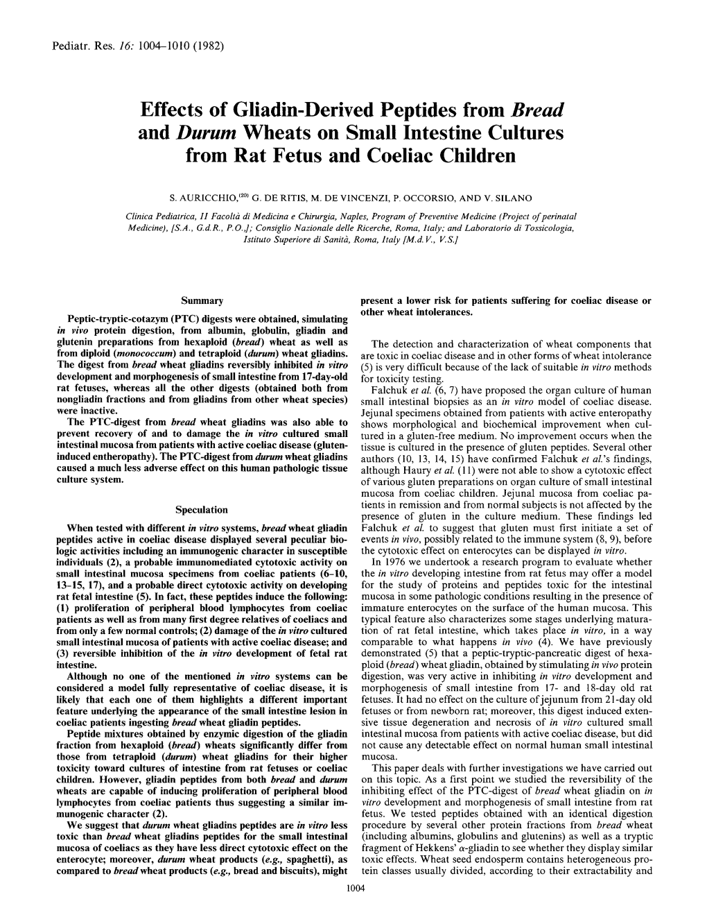 Effects of Gliadin-Derived Peptides from Bread and Durum Wheats on Small Intestine Cultures from Rat Fetus and Coeliac Children