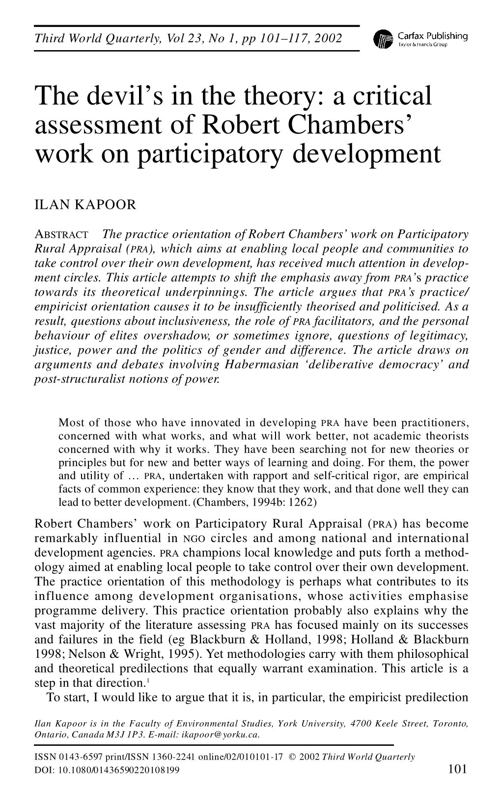 A Critical Assessment of Robert Chambers' Work on Participatory