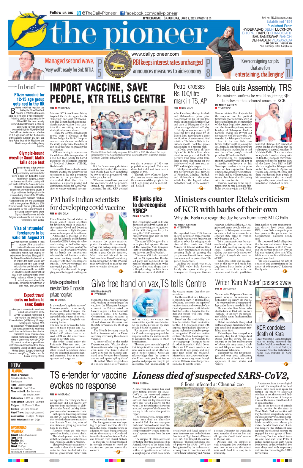 HYDERABAD, SATURDAY, JUNE 5, 2021; PAGES 12 `3 RNI No