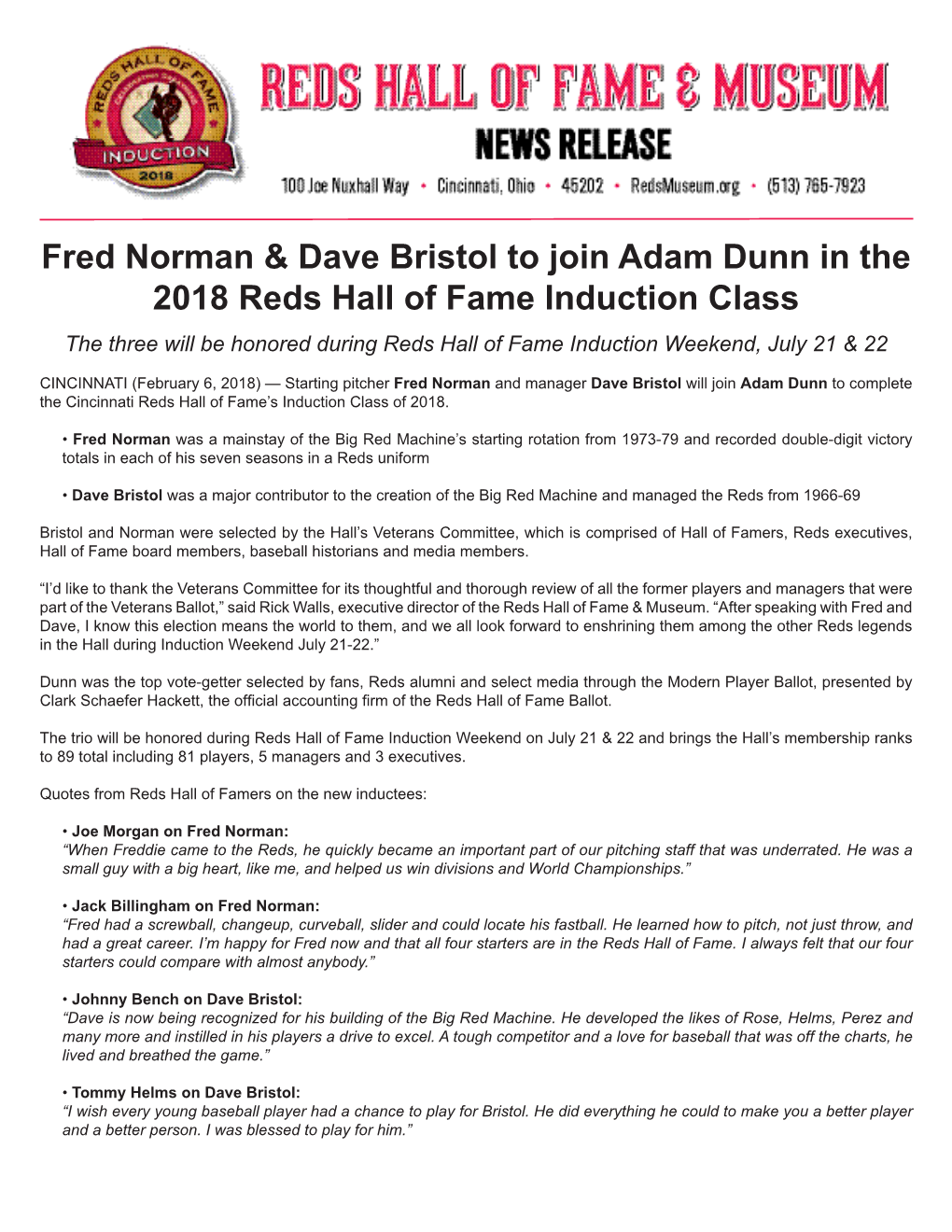 Fred Norman & Dave Bristol to Join Adam Dunn in the 2018 Reds Hall