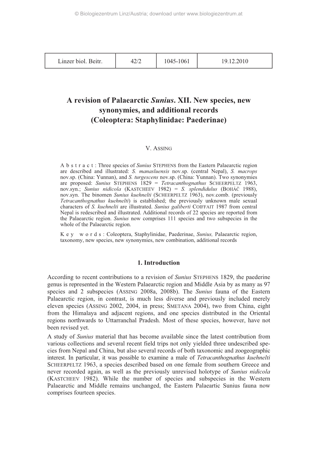 A Revision of Palaearctic Sunius. XII. New Species, New Synonymies, and Additional Records (Coleoptera: Staphylinidae: Paederinae)