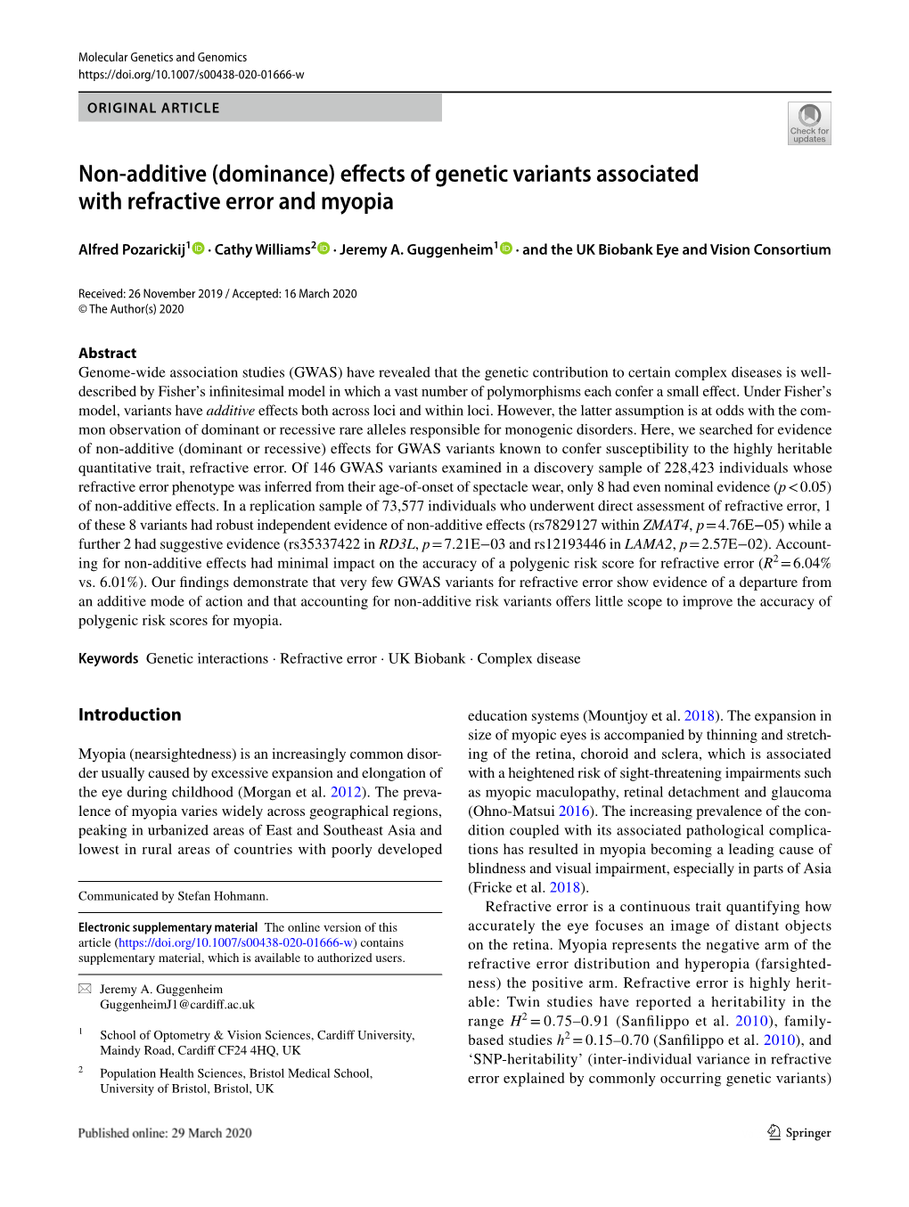 (Dominance) Effects of Genetic Variants Associated with Refractive Error And