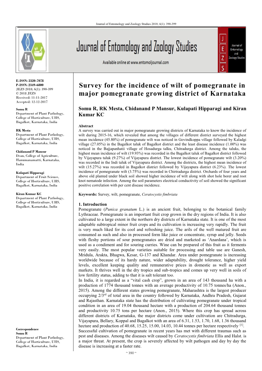 Survey for the Incidence of Wilt of Pomegranate in Major